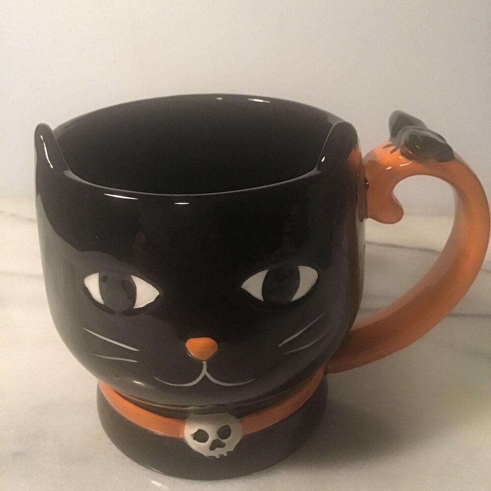 Gallerie II Black Cat Halloween Sculpted Mug -Orange Handle Bat Skull Charm 16oz